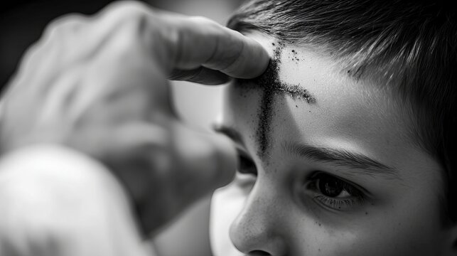 Child receiving ash cross on forehead during Ash Wednesday service  