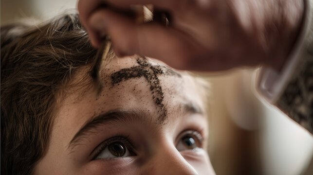 Boy receiving ash cross on forehead during Ash Wednesday service  