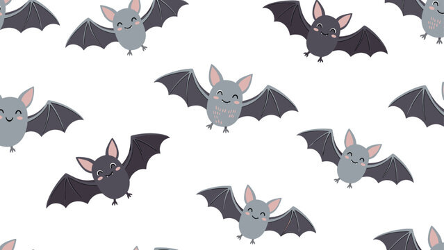 Cute Halloween-themed seamless pattern featuring friendly gray and purple bats flying through the air on a white background.