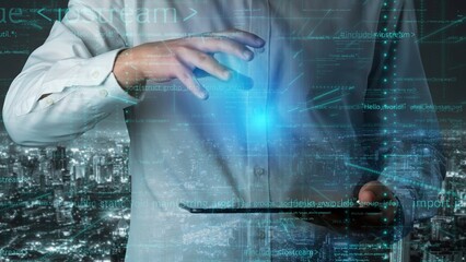 A business professional engages with a futuristic digital interface while holding a tablet, against a stunning urban skyline at night, symbolizing innovation and technology. Xenic