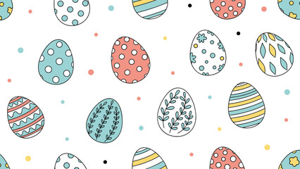 colorful and festive easter eggs with various patterns like dots stripes and floral designs scattered over a clean white background illustration.