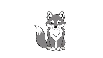 Cute illustration of a friendly gray and white fox or raccoon character sitting calmly and facing forward on white background.