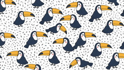 Obraz premium playful pattern of many cute black toucan birds with bright orange beaks standing over a white background with small black sprinkles.