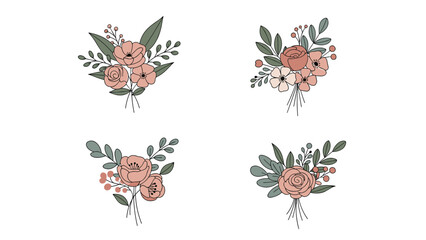 Obraz premium set of four elegant flower bouquets in soft pink and muted green colors featuring roses and berries in a hand drawn style illustration.