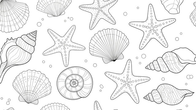 intricate line art pattern of various sea shells and starfish over a white background perfect for coloring or coastal design illustration.