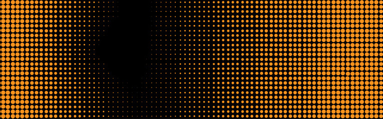 Obraz premium Orange Halftone Dots Background on Black – Retro Pop Art Gradient Circle Pattern, Comic Style Abstract Texture, Modern Banner Frame Design with Copy Space