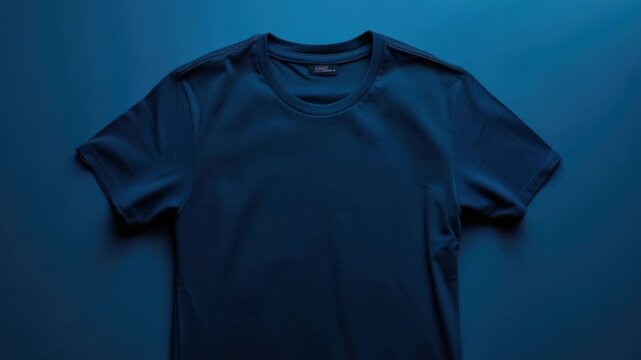 Video A simple and clean design of a dark blue t-shirt against a blue background, great for branding or promotional materials