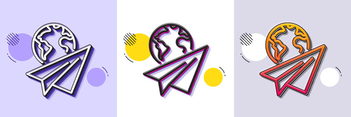 Paper plane line icon. Halftone dotted pattern. Gradient icon with grain shadow. International flight sign. Online travel symbol. Line paper plane icon. Various designs. Vector
