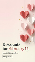 Valentine&rsquo;s Day sale banner with hanging paper hearts on pastel background. Discounts for February 14 limited time offers promo template with copy space and CTA.​