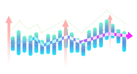 Financial stock market graph bar chart with up and down trend arrows increasing