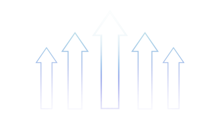 Growing bar chart with five blue gradient arrows up on transparent background, increase concept
