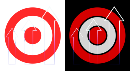 Target with growth arrows on transparent and black background business goal