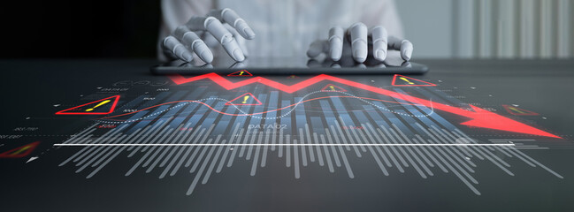 AI visualizes economic caution with smart graphs, alert icons, and data trend analysis, helping businesses respond to financial instability and risk. Artificial intelligence spline