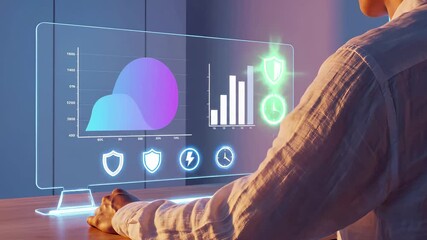 Professional analyzing business performance dashboard with holographic interface displaying data visualizations, charts, and security metrics. Digital analytics platform statistics, graphs, and key - Powered by Adobe