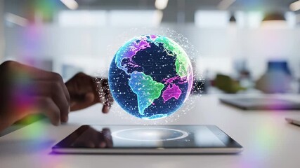 Holographic globe projection with network connections emerging from tablet device on office desk. Technology concept of global business communication, digital transformation, international - Powered by Adobe