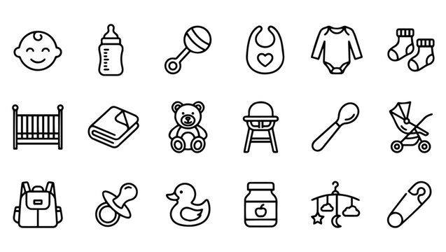 Baby Essentials Line Art Icon Set, baby icons, infant care, line art, baby face, baby bottle, pacifier, rattle, bib, onesie, sock, crib, blanket, teddy bear, high chair, spoon, stroller, car seat, 