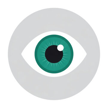 Stylized human eye icon with vibrant teal-green iris and black pupil, white highlight, geometric, centered on a light grey circular background, representing vision and digital interface elements.
