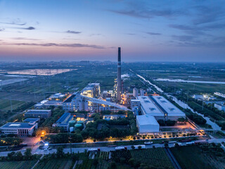 aerial view power station during sunset