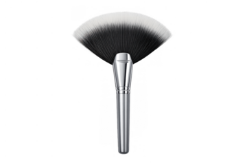 Fan makeup brush with silver handle and synthetic bristles, applying powder, highlighter, blush or contouring cosmetics
