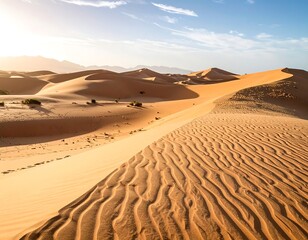 Vast dunes roll across a desert landscape, catching sunlight. Mountains are visible in the distance under a blue sky