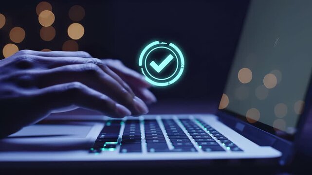 Cybersecurity concept with laptop keyboard and glowing security icons including checkmark, shields, and padlock. Digital protection, data encryption, and verification symbols representing online