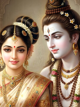 Divine couple lord shiva and goddess parvati standing together with floral decoration for maha shivratri and mahadev wedding celebration illustration