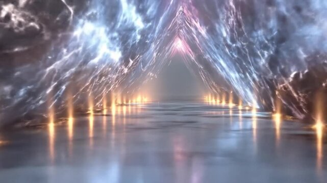 Abstract pyramid structure illuminated with glowing light and reflections