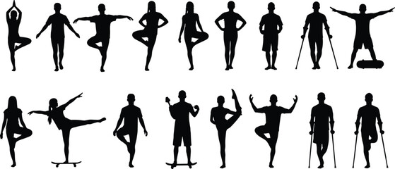 Black silhouettes of people in various yoga poses and exercises on balance boards and crutches