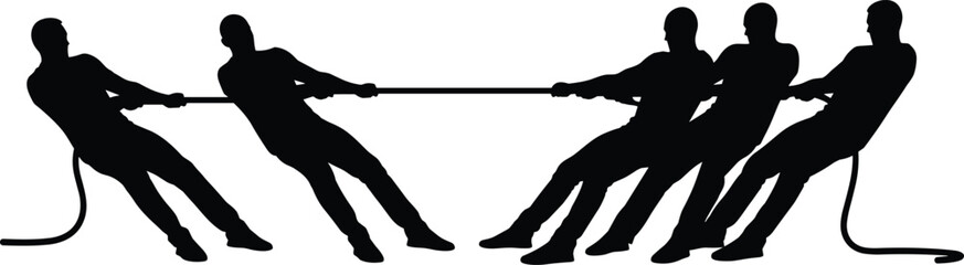 Naklejka premium Black silhouettes of people playing tug of war rope game