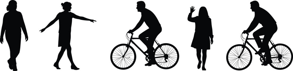 Fototapeta premium Black silhouettes of people walking and riding bicycles