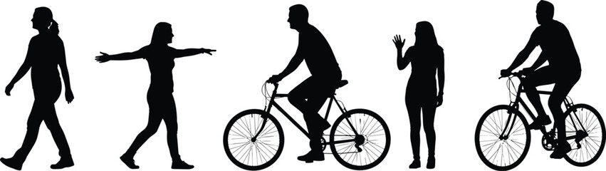Fototapeta premium Black silhouettes of people walking and riding bicycles 1