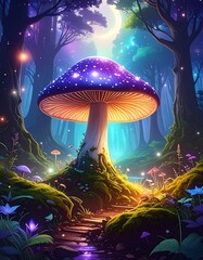 Enchanted Mushroom Forest - A Whimsical Nighttime Scene.