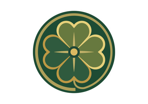 Icono de tr&eacute;bol de cuatro hojas verde y dorado en c&iacute;rculo