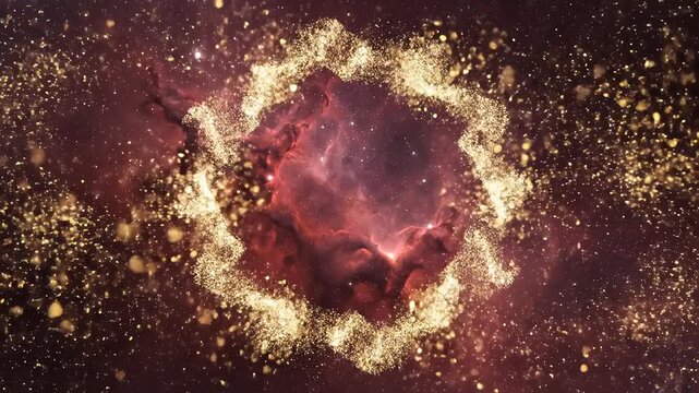 Cosmic Nebula Explosion with Golden Particles in Deep Space.