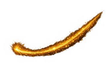Golden glitter comet trail moving across, bright sparkling effect creating magic light glow on transparent background