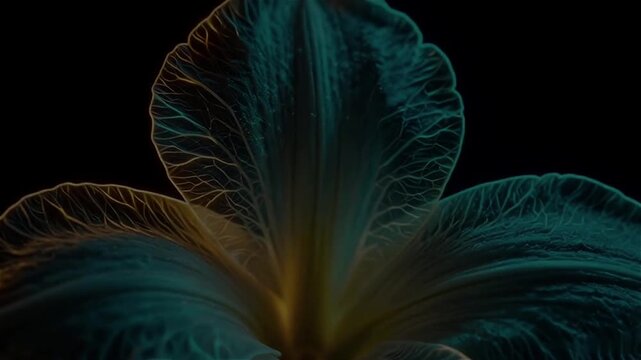 Neon Freesia Flower Blooming &ndash; Golden Yellow & Cyan Glow on Black Background with Ultra-Detailed Petals