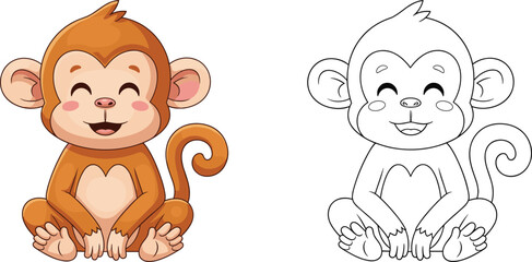 Cartoon monkey in color and line sitting cross-legged animal smiling © Olaja Vector Vision
