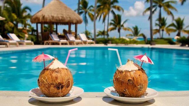 Coconuts with umbrellas and straws on plates by swimming pool with palm trees