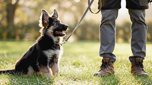 Young dog sitting attentively on grass while owner stands nearby holding leash, showcasing training progress and bond between pet and handler