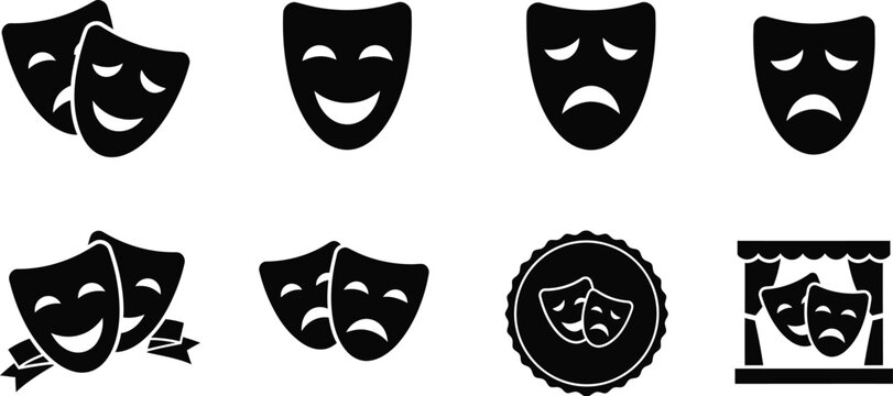 Comedy and tragedy masks theatre performing arts icons. 