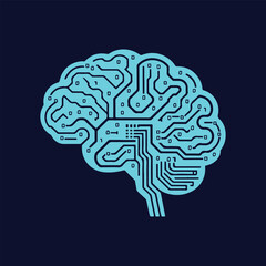 Digital circuit board brain icon representing artificial intelligence neural network on dark navy background