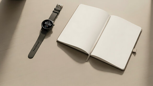 Minimalist desk with open notebook and black smartwatch