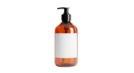 Amber bottle with pump dispenser and blank label for cosmetic or cleaning product isolated on transparent background