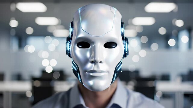 Professional with reflective mask covering face in office environment. Anonymous identity concept representing privacy protection, cybersecurity threats, digital fraud, online deception, hidden