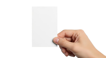 Obraz premium Close up of a hand holding a blank white business card isolated on transparent background