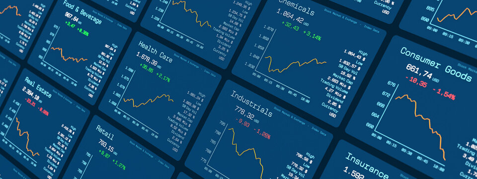 Stock market chart and data, industrial sectors, health care moving up, industrials moving down. Trading screen, investing, information, risk, return on investment, prices.
