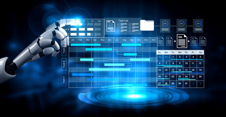A close-up view of a robotic hand interacting with a digital task list and calendar, highlighting the merging of technology and project management for enhanced productivity. Gantry