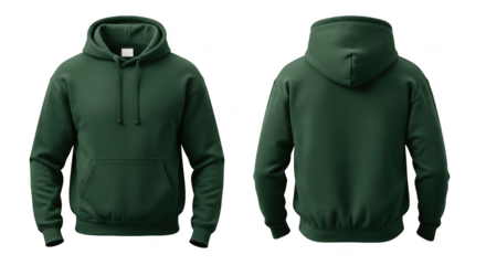 Dark green hoodie mockup front and back view realistic rendering isolated on transparent background