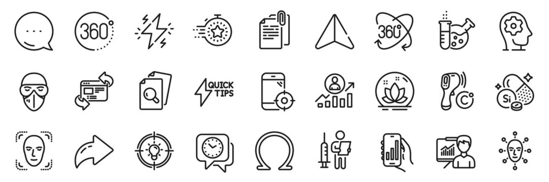 360 degrees, Full rotation and Timer line icons pack. Share, Message, Paper plane icons. Inspect, Seo phone, Idea web icon. Career ladder, Document attachment, Presentation pictogram. Vector