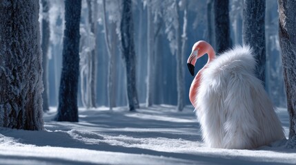 Obraz premium A white flamingo is sitting in the snow